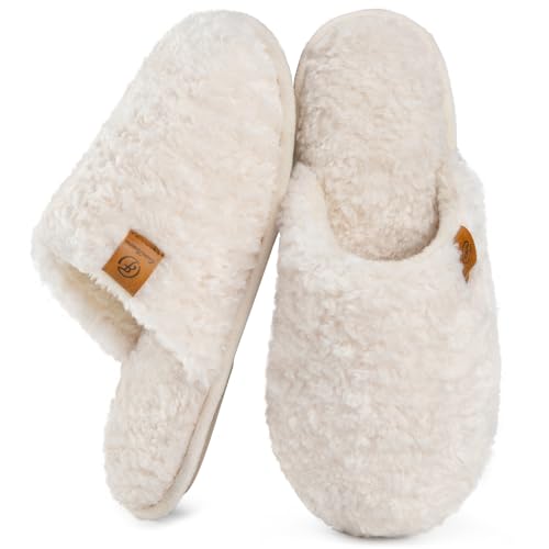 EverFoams Women's Fuzzy Slip-on Slippers Warm Cozy Soft Lightweight Memory Foam Indoor House Shoes Cream White, 7-8 US