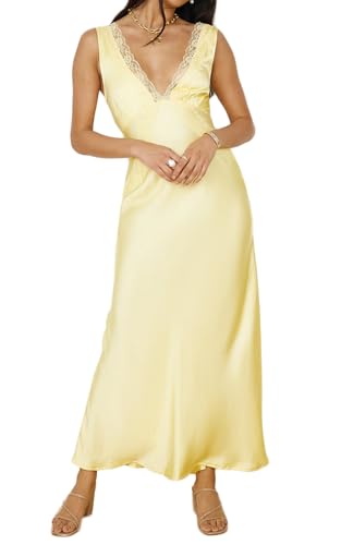 BAGONE Summer Satin Lace V Neck Backless Wedding Guest Maxi Dresses for Women 2024 Elegant Sleeveless Open Back Cocktail Long Dress Yellow