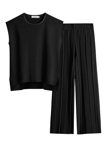 ANRABESS Women 2 Piece Lounge Sets Summer Casual Knit Sweater Vest Pant Set Beach Vacation Airport Outfits Clothes Black Medium