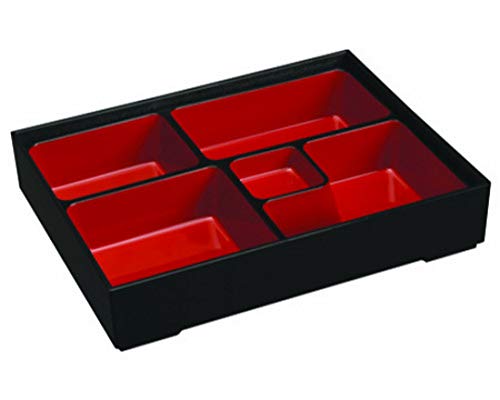 Happy Sales HSLQ-RTG108, Japanese Sushi Tray Lunch Box Bento box Traditional Plastic Lacquered Box for Restaurant or Home Made in Japan, Rectangle Design Red and Black