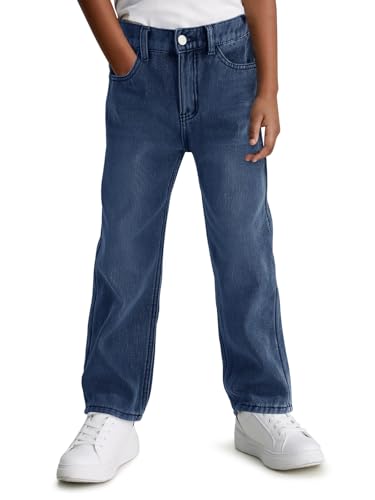 Haloumoning Boys Jeans Kids Fashion Fleece Lined Elastic Waist Denim Pants with Pockets 5-14 Years Navy