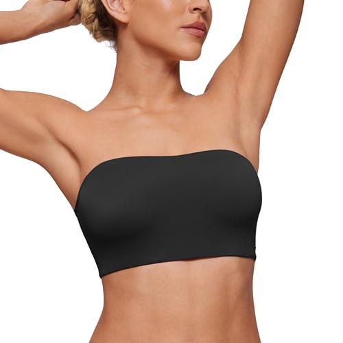 CRZ YOGA Softhold Womens Double Lined Strapless Bralettes - Tube Tops Bandeau Unlined Wireless Stretchy T-Shirt Everyday Bra Black Medium