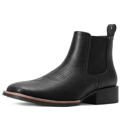 Western Ankle Cowboy Boots for Men - Mens Square Toe Chelsea Boots for Men Casual Retro Stylish Black