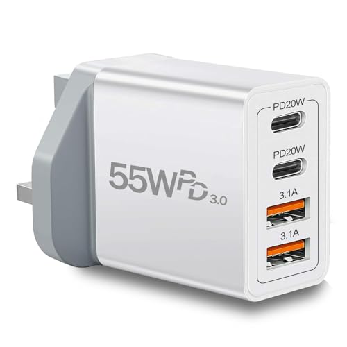 UK Travel Plug Adapter, Type G Plug Adapter 55W 4 Port UK USB C Charger Fast Charging Block UK Ireland Plug Charger for iPhone 16 15 14 13 12 11 Pro Max XS X 8, Galaxy, Pixel, Android