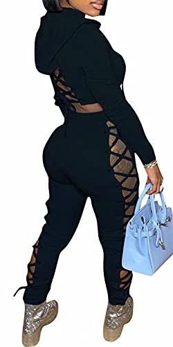 Sexy Jumpsuits for Women Lace Up Hoodie Crop Tops and Bodycon Long Pants Matching Yoga Sets Track Suits Black Large