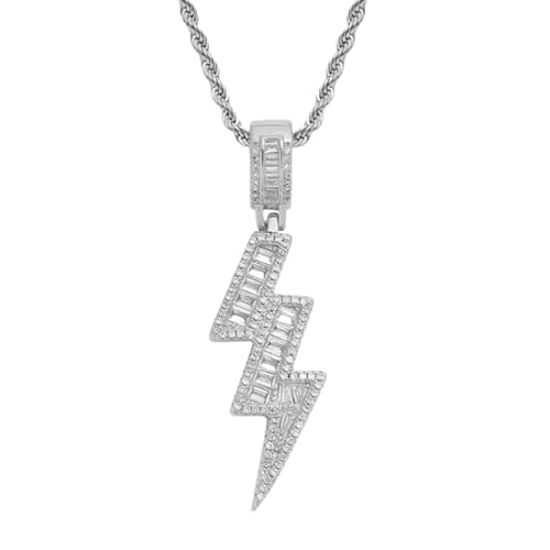 925 Sterrling Silver Lightning Bolt Necklace For Men And Women - 14K Gold Filled Hip Hop Jewelry Men Cubic Zirconia Paved Bling Iced Out Chain Lightning Bling Cz Stone, Lightning Bolt Charm (1 Silver - Iced Out Lightning Necklace)