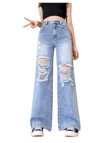 Floerns Girl's Elastic High Waist Ripped Baggy Jeans Wide Leg Distressed Denim Pants Light Wash 12Y