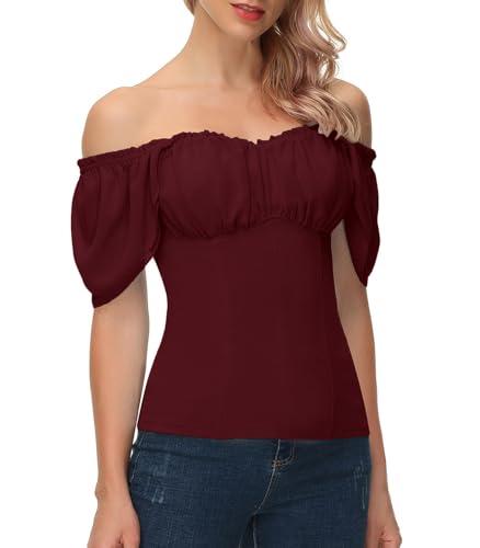 Summer Tops 2025 Double Layer Short Sleeve Shirts for Women Sweet Heart Neck Slim Fit Off Shoulder Top Dark Red L