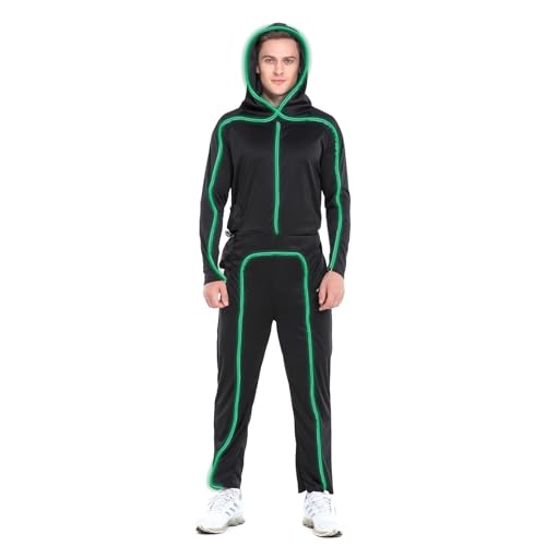 HSCTEK Light Up Stick Figure Costume Adult, Halloween Led Stick Man Costumes Youth Men Women, Glow in Dark Stickman Cosplay (Green, Meidum)