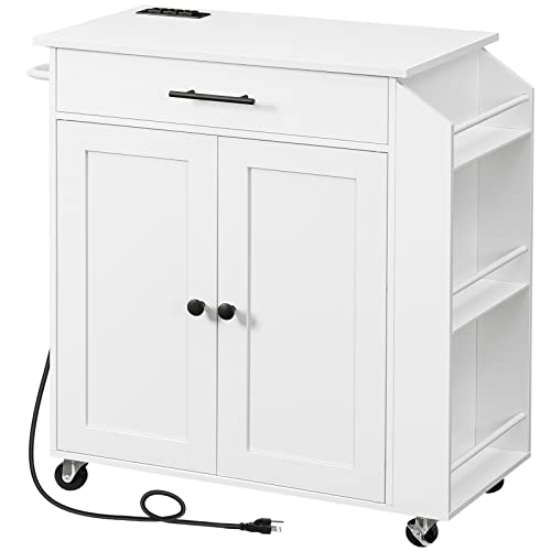 HOOBRO Kitchen Island with Power Outlet, Kitchen Storage Island with Spice Rack and Drawer, Rolling Kitchen Cart on Wheels, for Home, Kitchen and Dining Room, White WT82UZD01G1