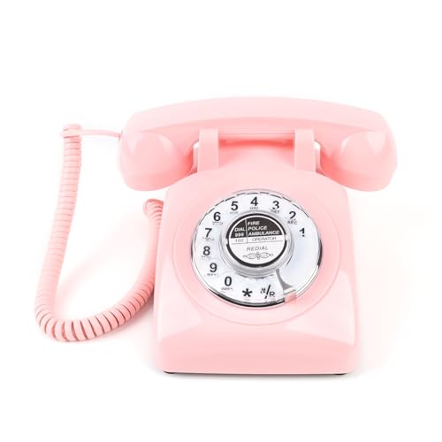 MCHEETA Rotary Phone, Desk Phones, Retro Phones for Landline, Vintage Corded Telephone with Redial Function for Home Office Hotel School, Pink