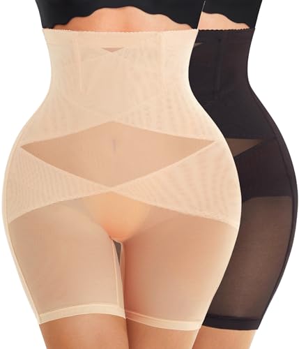 Nebility Womens' Tummy Control High Waist Trainer Body Shaper (Medium, Black/Beige Mid Thigh-2pk)