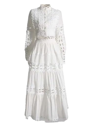 Women's Hollow Out Skirt Design 2 Pcs Long Sleeve Single Breasted Shirt High Waist Skirts White XL