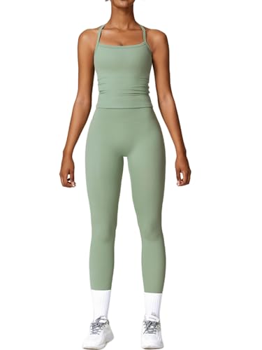 OMEWEE Women's Yoga Outfits Backless Strappy Sports Bra and Seamless Leggings Matching Active Jogger Outfits green M
