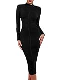 whoinshop Women's Cross Strap Ribbed Bandage Long Sleeve Midi Fall Winter Bodycon Party Dress (L, Black)