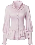 VANGARSUN Women Vintage Victorian Long Sleeve Corset Top Lace Ruffled Blouse Stand Collar Shirts(Pink,XL)