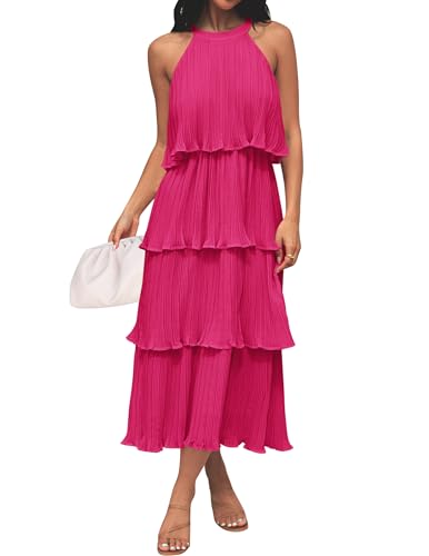 ZESICA Women's 2025 Summer Sleeveless Halter Neck Ruffle Tiered Layed Chiffon Flowy Swing Long Midi Dress,Rose,Large