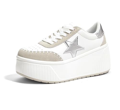 LUCKY STEP Women's Platform Chunky Sneakers Fashion Star Glitter Sparkly Wedge Walking Shoes High Heel Casual Shiny Thick Sole Footwear(White/Silver,8)