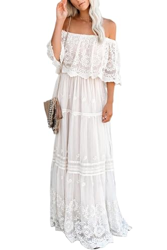 MERMAID'S CLOSET Womens Casual Off The Shoulder Maxi Brides Dress White Lace Sleeve Bridal Shower Wedding Guest Party Dresses