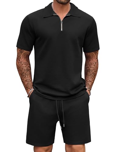 COOFANDY Mens Tracksuit Casual 2 Piece Quarter Zip Polo Shirt and Shorts Set Athletic Jogging Sports Black