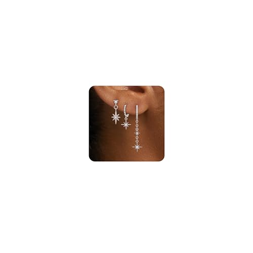 FANZE Dainty 3Pairs Moon Star Chain Cubic Zircon Huggie Hoop Earrings for Women Cartilage Hypoallergenic Trendy Jewelry Gift