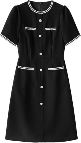 Women's French Style Short Sleeve Summer Dress Slim Patchwork Office Formal Dresses(Black,Medium)