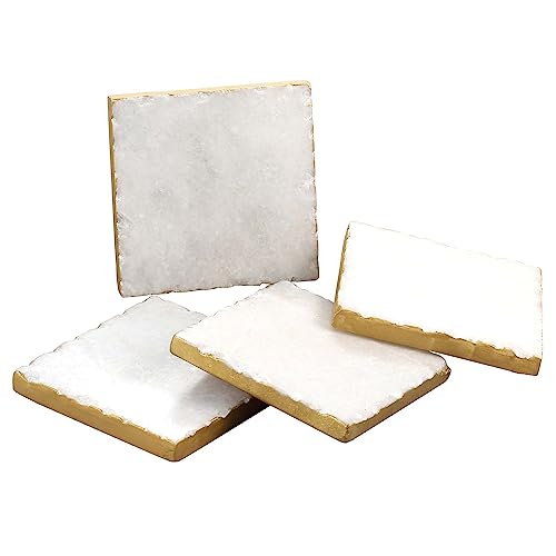 Thirstystone Square White Marble/Gold Edged Coasters, All Natural Stone With Non-Slip Foam Backing, Drink Absorbent & Protects Table, Set of 4