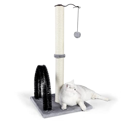 ANWA Tall Cat Scratching Post with Arch Self Groomer Massager, 32" Scratching Post for Indoor Cats from Kitten to Adult Cats, Stable Sisal Cat Post with Extra Interactive Dangling Plush Toy