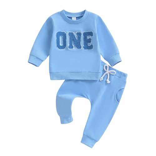 Lamuusaa Toddler Baby Boy Birthday Outfit One/Two Letter Embroidery Sweatshirt Jogger Pants Fall Winter Clothes (Blue One, 12-18 Months)