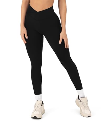 PAVOI ACTIVE Pilates Crossover Leggings for Women | Buttery Soft High Waisted V Cut Cross Waist Workout Yoga Pants | FlexFlow, Large, Black