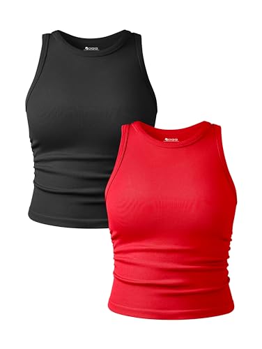 OQQ Women's 2 Piece Tank Tops Crew Neck Sleeveless Basic Stretch Casusal Yoga Crop Camis Black Red