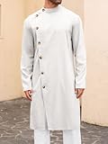 Runcati Mens Kaftan Thobe Button Down Long Sleeve Robe Casual Henley Shirt Cotton Muslim Gown Kurta Tops White