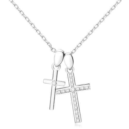 EVEYE Cross Necklace for Women S925 Sterling Silver Double Cross Pendant White Gold Plated Cross Pendant with Zircon Cross Necklace Exquisite Ladies Jewelry