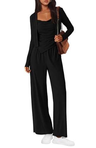 BTFBM Women's Fall Lounge Sets 3 Piece Outfit Tracksuits Casual Long Sleeve Tops High Waisted Sweatpants Set(Black,Medium)