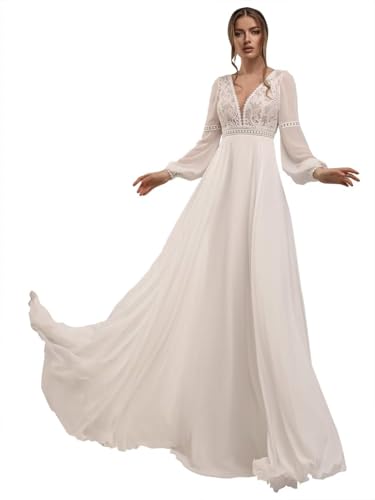 Ivory Bridal Gown Chiffon A Line Deep V Neck Embroidery Empire Waist Appliques Lace Flowy Soft Beach Boho Wedding Dresses for Bride 2025 US14