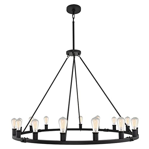 Kira Home Jericho 50" 16-Light Large Industrial Rustic Farmhouse Wagon Wheel Chandelier, Round Kitchen Island Light, Black Finish