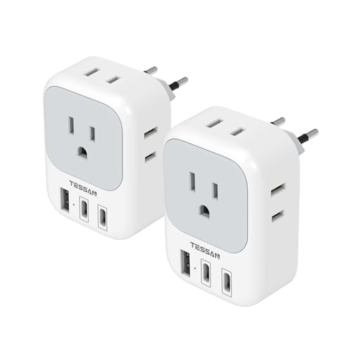 2 Pack European Travel Plug Adapter, TESSAN US to Europe Plug Adapter with 4 Electrical Outlets 3 USB Ports (2 USB C), Type C Power Adaptor for EU International Italy Iceland Spain France Germany