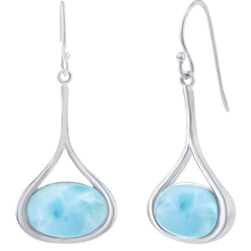 Sterling Silver Larimar Earrings for Women | Beautiful Natural Dominican Larimar Jewelry | Oval Shaped Blue Larimar Stones | Unique Dangle Hypoallergenic Earrings