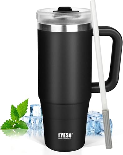 TYESO 40 oz Tumbler with Handle | Insulated Cup Reusable Stainless Steel Water Bottle Travel Mug Cupholder Friendly | Gifts for Women Him Her | Trek Collection (Black)