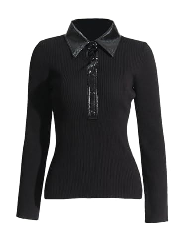 Women Leather Patchwork Knitted Sweater Lapel Long Sleeve Spliced Button Slim Pullover Sweaters Black S