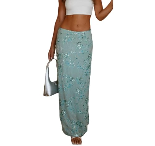 Women Y2K Sequin Long Skirt Sparkle Rhinestone Floral Maxi Skirt High Waist Glitter Midi Skirt Going Out Green