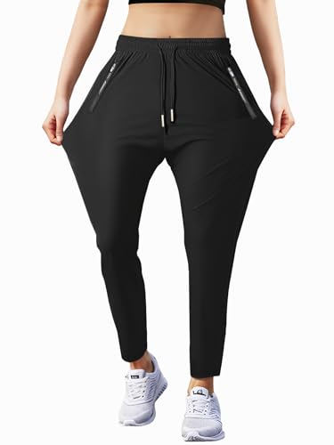 Hidkat Women's Sports Jogging Pants with Zipper Pocket Women's Hiking Fitness Tracking Workout Pants Black