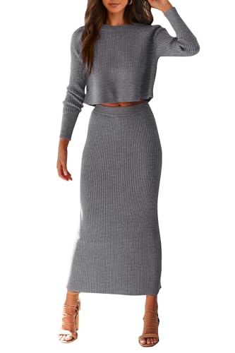 PRETTYGARDEN Women's Spring Fall 2 Piece Sweater Set Rib Knit Long Sleeve Crop Top Maxi Bodycon Skirt Casual Winter Outfits (Grey,Medium)