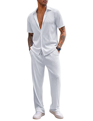 COOFANDY Men Summer Suit Short Sleeve Casual Stylish Button Down Shirt Pants Set