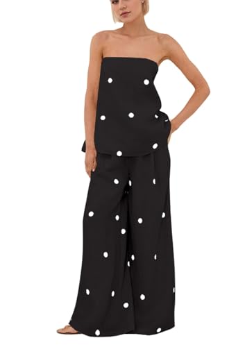 Ceputer Women 2 Piece Outfits Polka Dot Summer Pants Set Strapless Tube Top High Elastic Waist Wide Leg Pants Lounge Sets