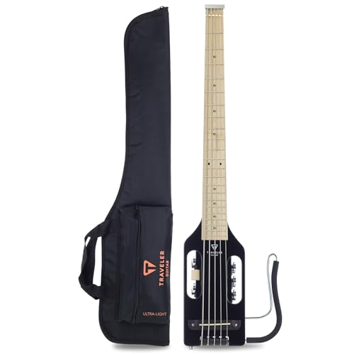 Traveler Guitar Ultra-Light Gloss Black 5-String Bass Guitar | Small Bass Travel Guitar with Removable Lap Rest | 30" Scale Portable Headless Guitar | Mini Bass Guitar with Custom Gig Bag