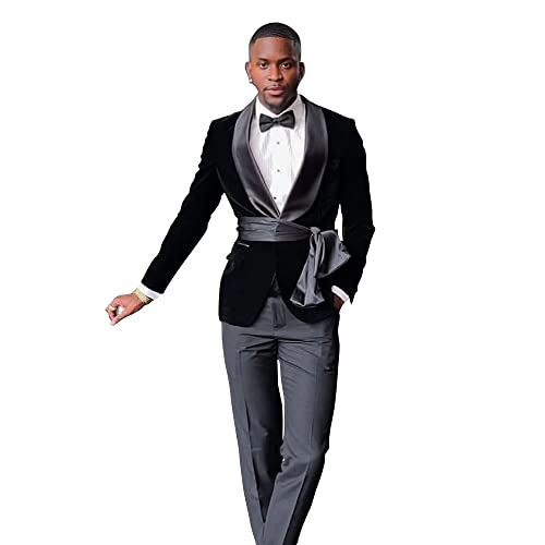 New Men Velvet Shawl Lapel Slim Fit Suit Grooms Wedding Black Tuxedo Blazer Satin Belt Pants