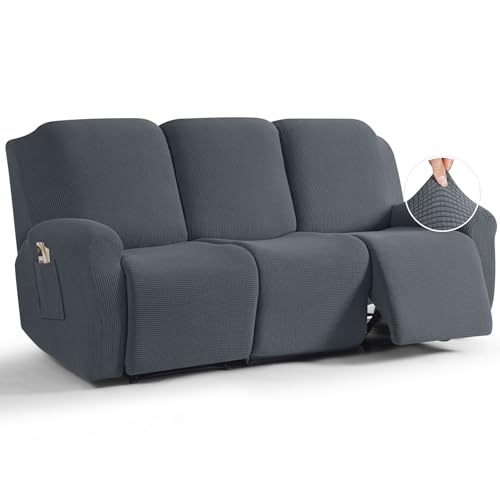 TAOCOCO Recliner Sofa Covers 8-Pieces Stretch Large Couch Covers for 3 Seats Reclining Slipcovers Soft Jacquard Pattern Furniture Protector (Grey)