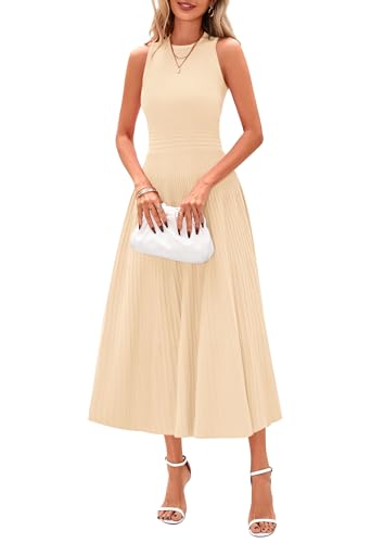 PRETTYGARDEN Spring Casual Dresses for Women 2025 Summer Business Work Midi Sleeveless A Line Pleated Cocktail Dress(Apricot,Medium)