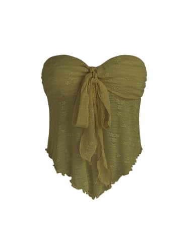 CIDER Summer Tube Tops for Women Floral Tie Front Cute Tops Sexy Going Out Tops Trendy Strapless Mesh Flowy Top Casual Olive Green